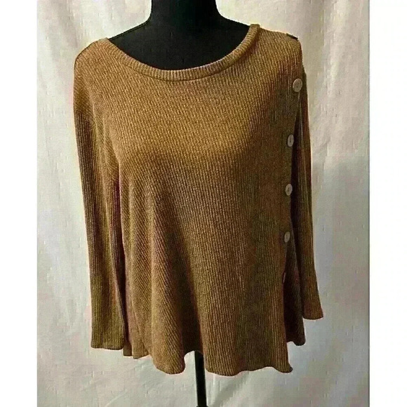 Misia Women's XL Brown V-Hem 3/4 Sleeve Rayon Blend Top Shirt w/ Button Accents - Picture 3 of 12